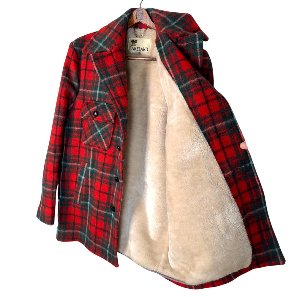 Huckberry Vintage L Wool Plaid Barn Coat $450 Shearling Chore Jacket Red 42 - Picture 5 of 9